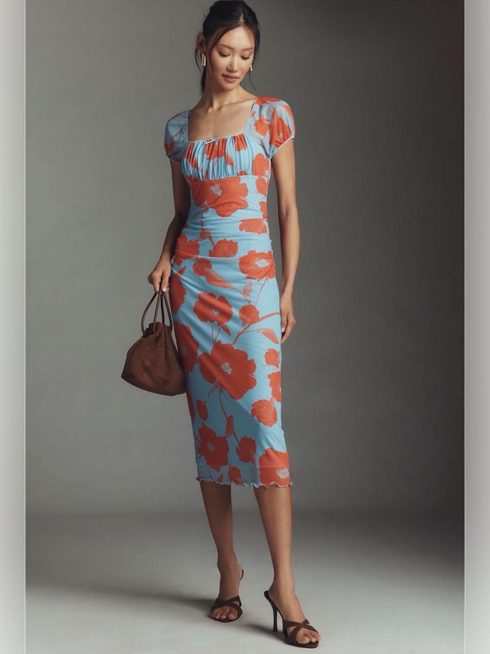 NWOT Maeve blue & Orange Floral Square-Neck Midi Dress - Picture 3 of 4
